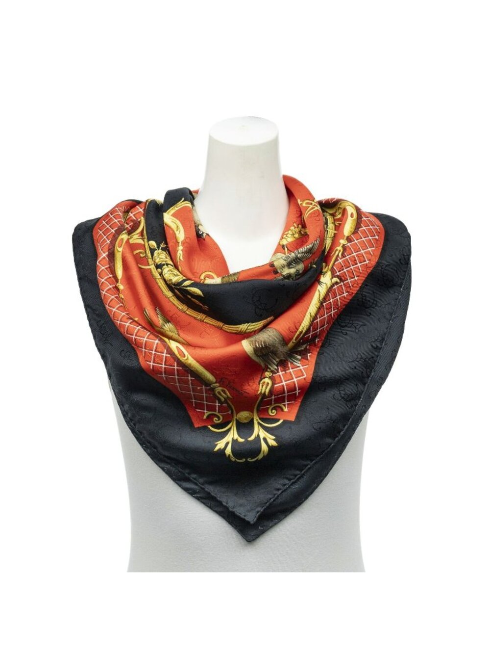 Hermes Scarf Black Gold Red Jacquard Silk